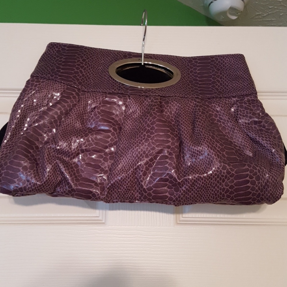 Purple patent leather snakeskin clutch